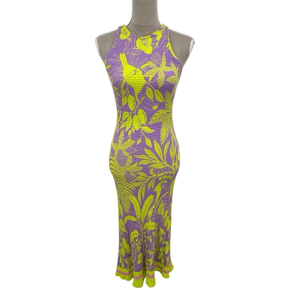 Anthropologie x FARM Rio Textured Knit Midi Purple & Neon Bird Print Dress Small - Picture 2 of 11